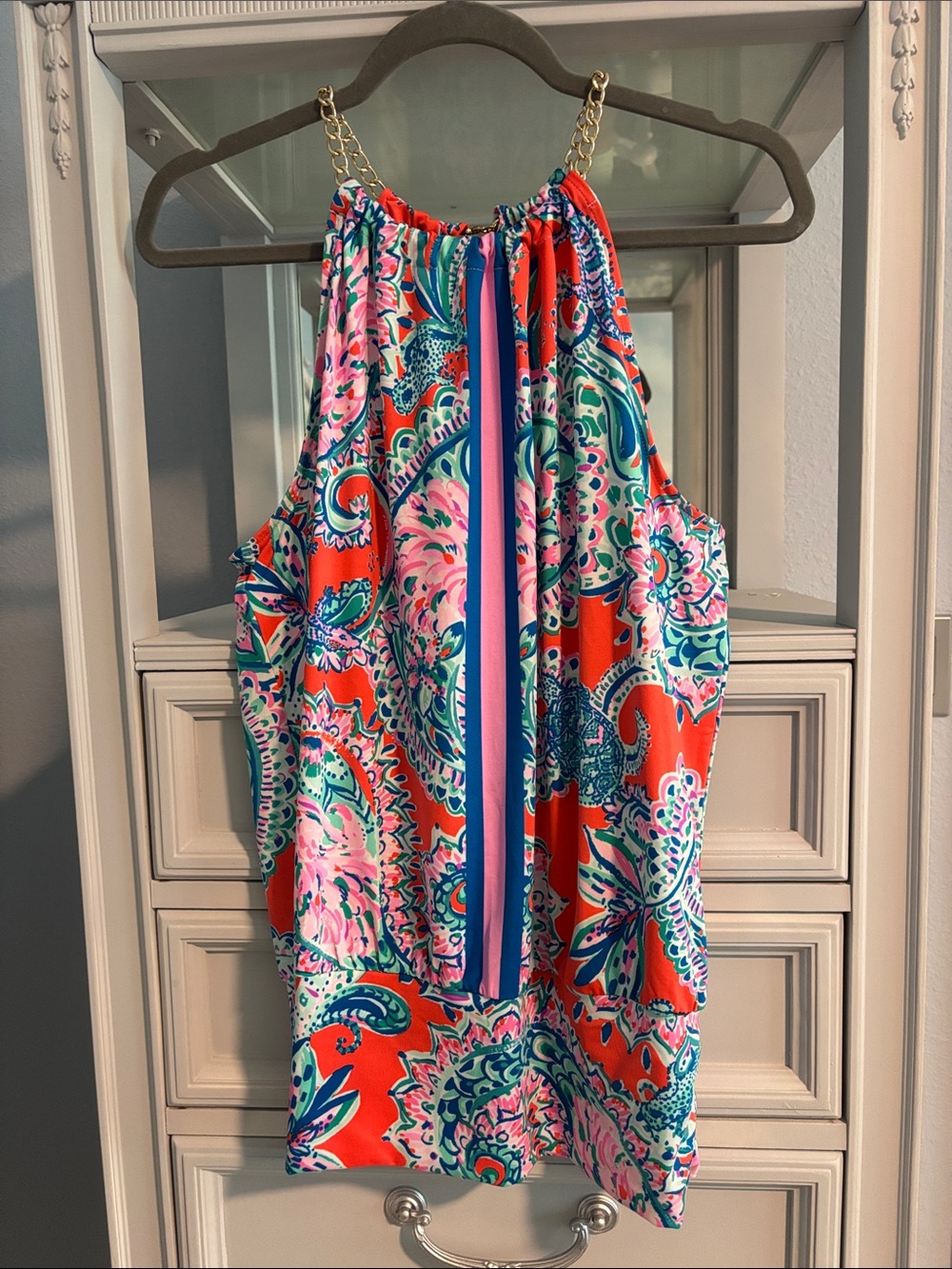 Lilly Pulitzer Coral, Pink & Teal Paisley Halter Tank with Chain Straps